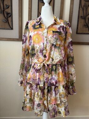 River Island Sz16 Floral Tiered Button-Front Dress with Tie Waist